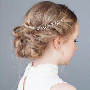 Elegant Gold Bridal Hair Vine | Leaf Pearl Crystal Headband
